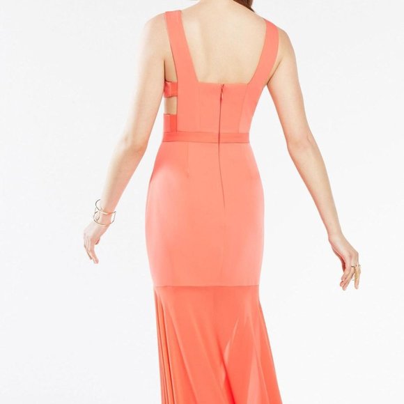 Sz 8 BCBGMaxAzria Joy Cutout Gown Dress in Ambrosia (Coral) with Chiffon Skirt - Picture 2 of 12